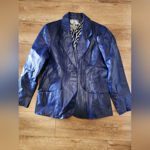 NEW Vintage Denim &Co Women's L Blue 100% Leather Jacket Blazer Long - Picture 3 of 6